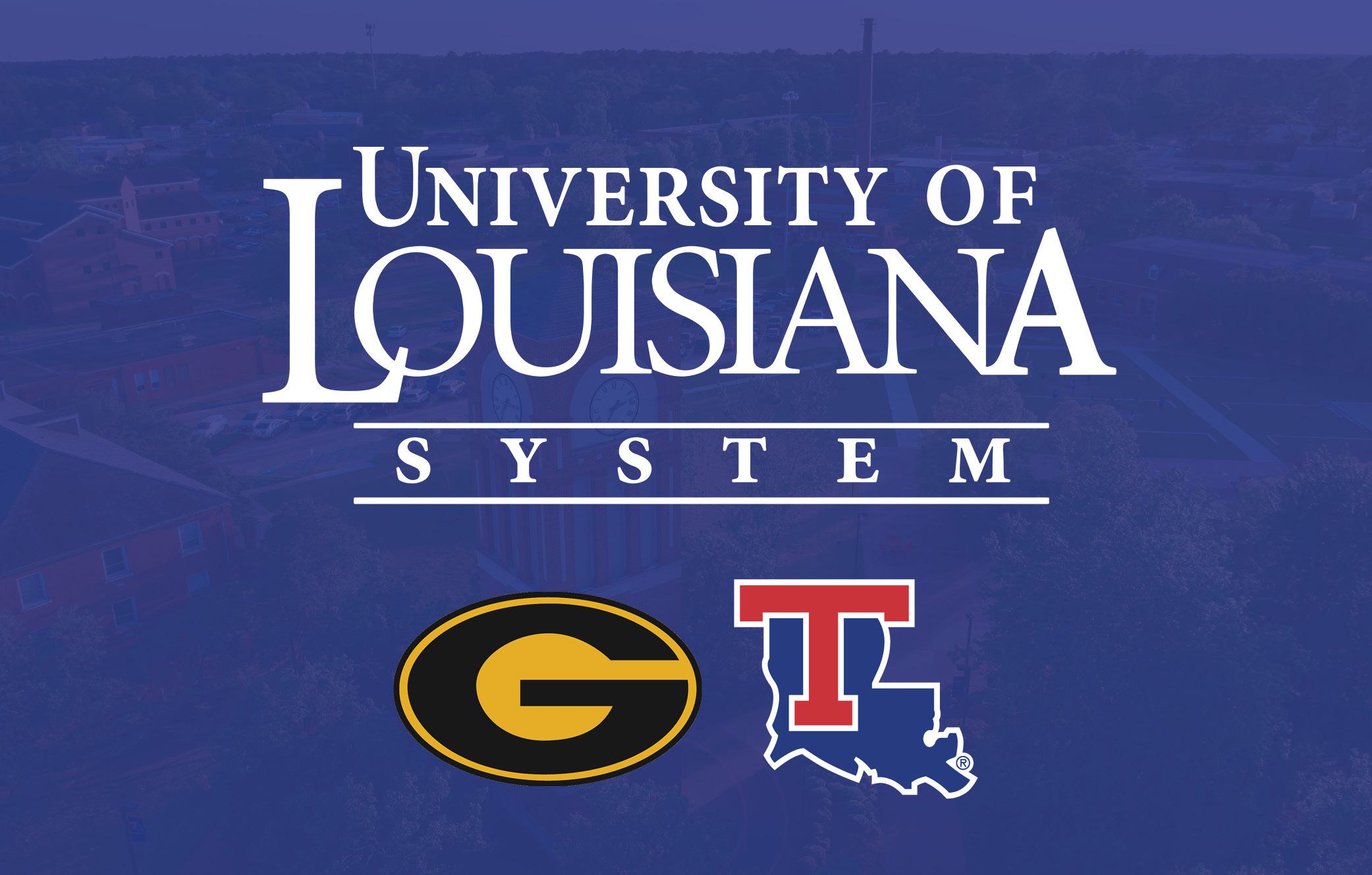 A graphic of the University of Louisiana System logo with the Grambling State University and Louisiana Tech University logos over a picture of Louisiana Tech University's campus.