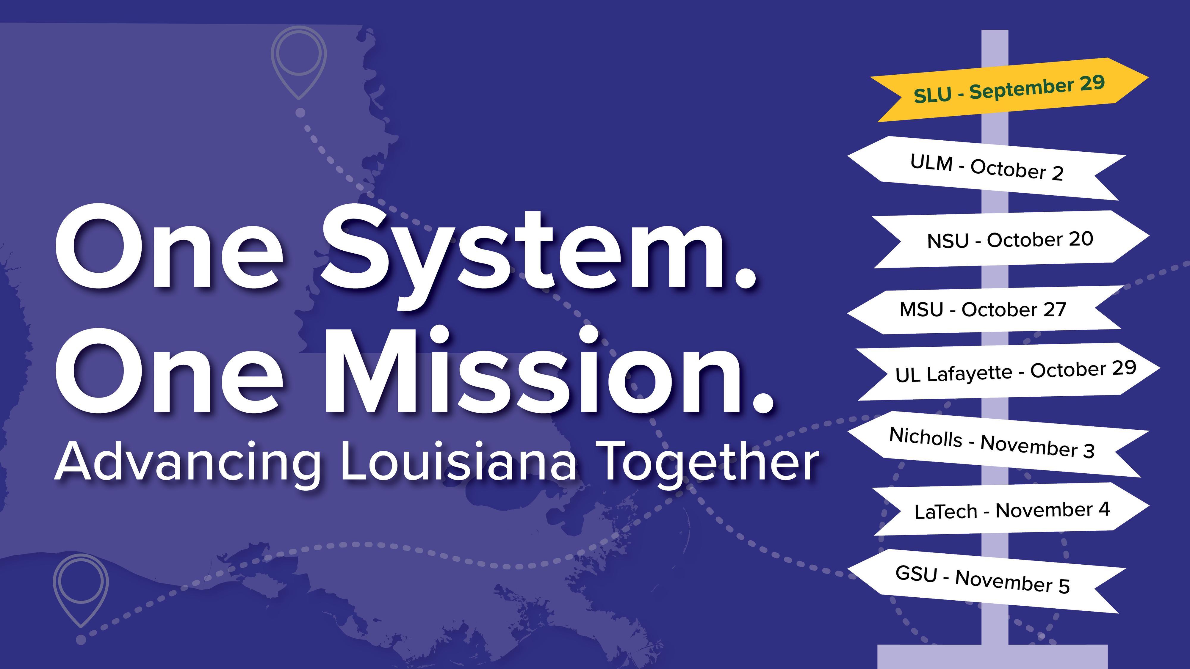 The UL Systems Strategic Plan Tour Graphic with the system's new tagline, One System One Mission Advancing Louisiana Together. All dates the system staff will visit each university are present on the graphic, and the date for the SLU visit on September 29, 2025 is highlighted.
