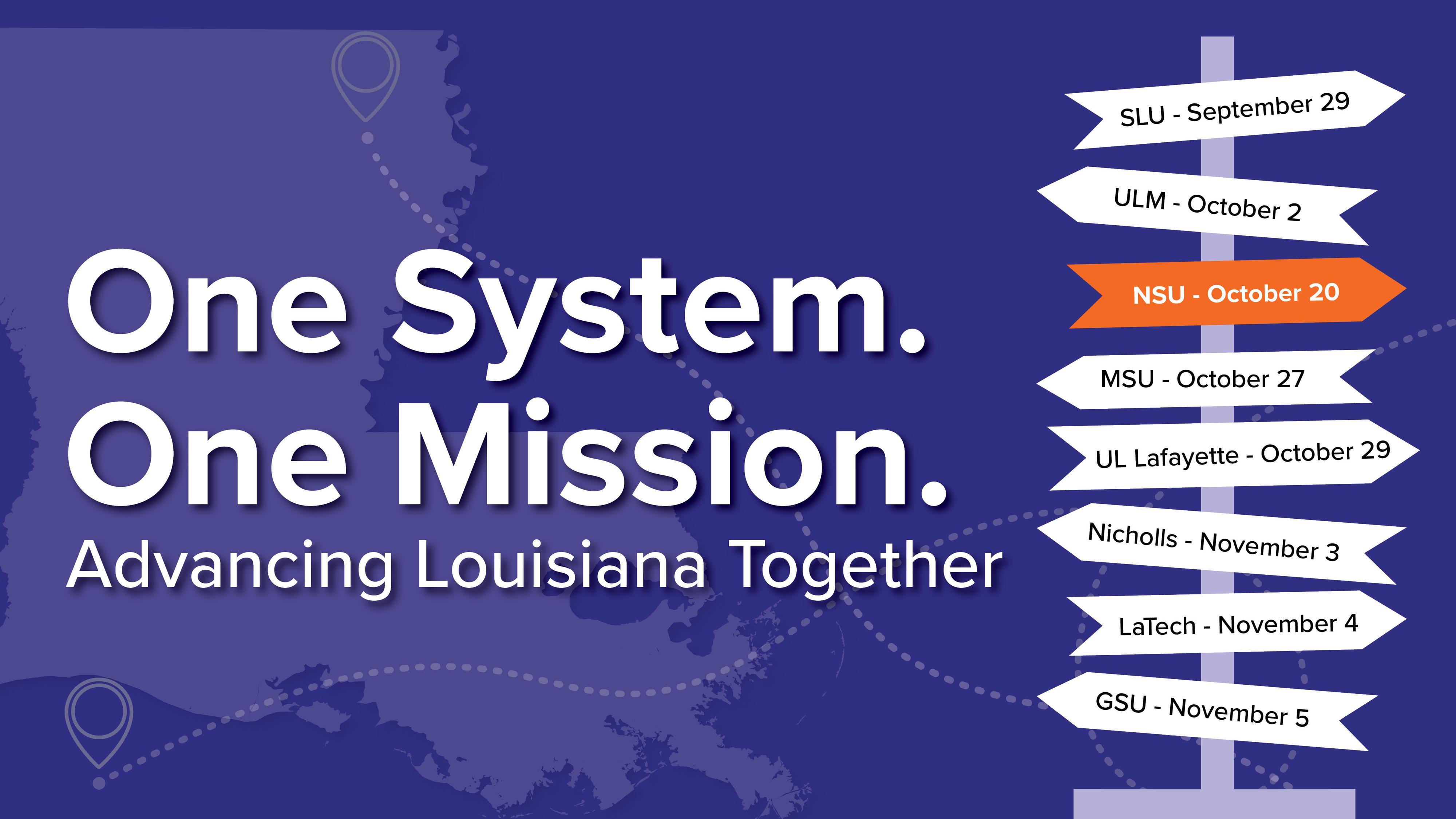 The UL Systems Strategic Plan Tour Graphic with the system's new tagline, One System One Mission Advancing Louisiana Together. All dates the system staff will visit each university are present on the graphic, and the date for the NSU visit on October 20, 2025 is highlighted.