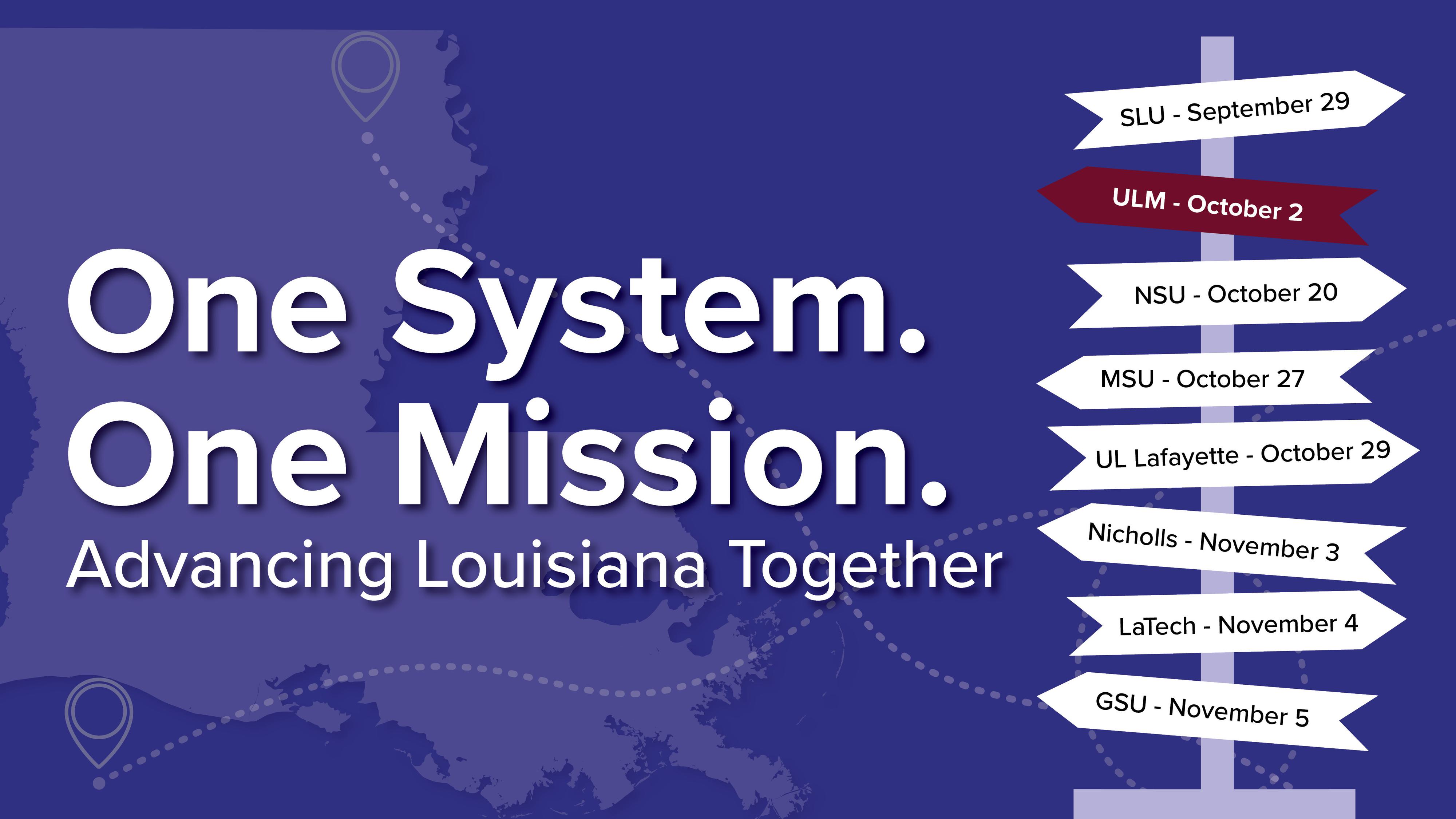 The UL Systems Strategic Plan Tour Graphic with the system's new tagline, One System One Mission Advancing Louisiana Together. All dates the system staff will visit each university are present on the graphic, and the date for the ULM visit on October 2, 2025 is highlighted.